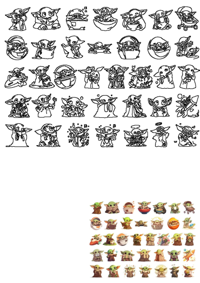 Image of baby yoda stickers on a white background. Features a variety of baby yoda stickers in different colors and sizes. Includes many different poses.