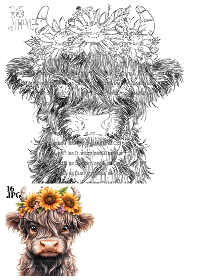 Floral Highland Cow Clipart with sunflowers. Cute cow clipart for junk journals and digital download, as a watercolor clipart.