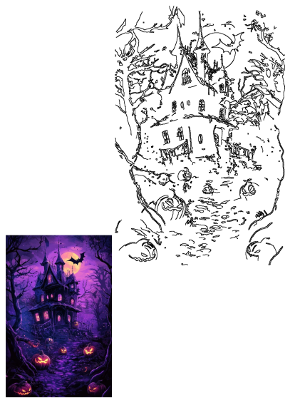 A creepy house with pumpkins on the ground and bats flying around it, evoking the spooky atmosphere of Halloween night.