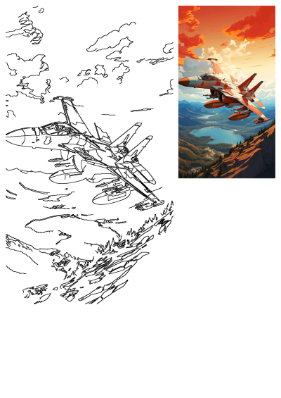 An artist's rendering of a fighter jet in a unique orange-white pattern flying in the sky above a scenic lake and mountain landscape.