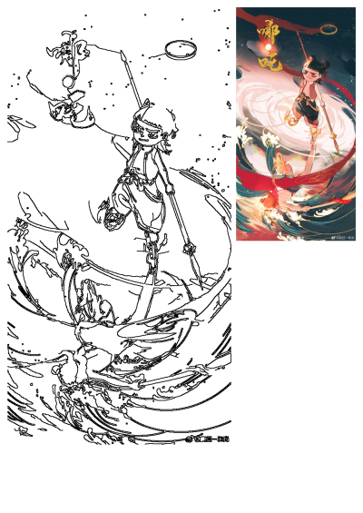 Anime scene of two women in the water, one holding a pole, and another standing on top of the water. Dramatic anime illustration.