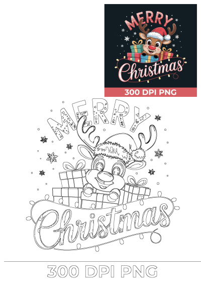 Cute reindeer holiday graphic with Rudolph, Santa hat, Christmas presents, and snowflakes, wishing 'Merry Christmas'.