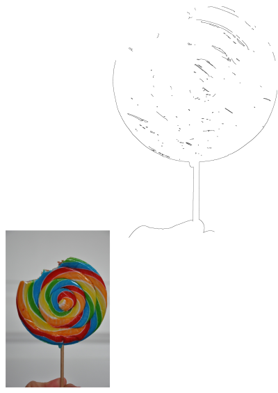 A hand holding a colorful spiral lollipop on a stick that has been partially eaten. The candy is a spiral of red, orange, yellow, green, and blue.
