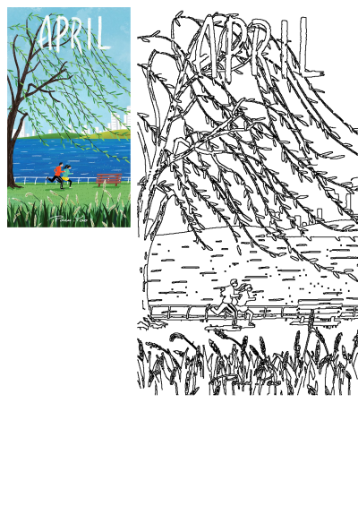 A painting of a person running in the grass near a tree and water with buildings in the background. Image depicts April in the city.