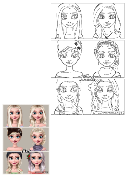 Four different Frozen princesses with blue eyes and blonde hair, all wearing tiaras. Elsa in various hairstyles and outfits in a collage.