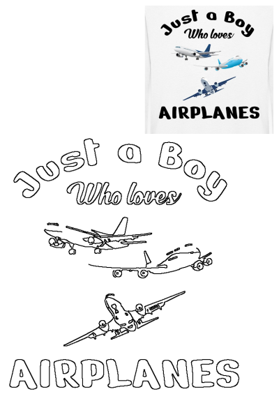 Illustration of airplanes with the text 'Just a boy who loves airplanes'. Great gift idea for an airplane enthusiast.