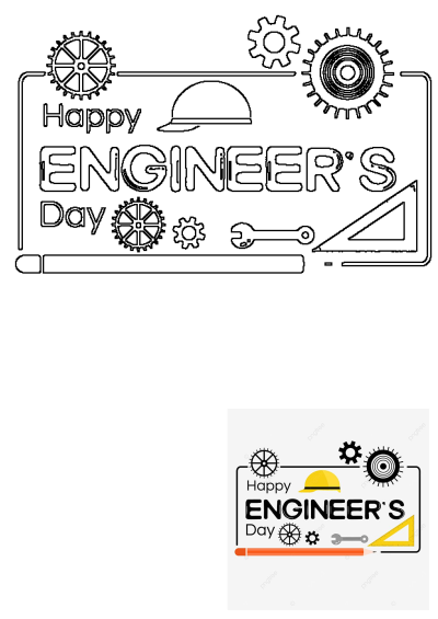 A happy Engineer's Day card features a pencil, gears, wrench, a yellow construction hat and a square, all in black and yellow. 