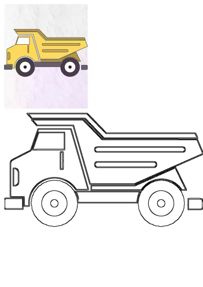 Illustration of a yellow dump truck cartoon with black wheels. A simple and cute image, suitable for a kids related design or content.