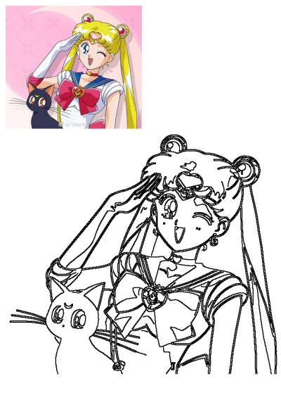 Sailor Moon and Luna, her black cat, strikes a pose in front of a pink backdrop. A classic image of the iconic duo.