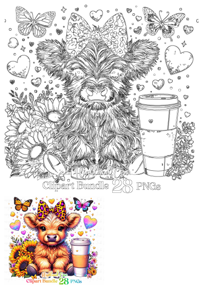 Adorable highland cow wearing a spotted bow, nestled among sunflowers with butterflies and a coffee cup, perfect for cute designs.