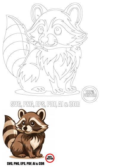 Cartoon illustration of a raccoon sitting on the ground with its paws crossed. Cute raccoon with a striped tail and adorable expression.