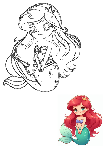 A delightful cartoon illustration of Ariel, the mermaid princess, with her signature red hair and shimmering tail, wearing a golden crown.