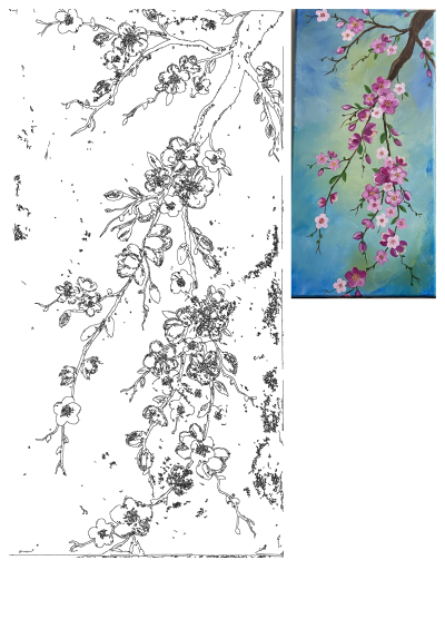 Acrylic painting of pink flowers and buds on a brown tree branch against a serene blue background. Spring blossom art for home decor.