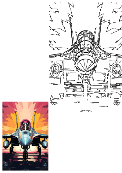 Illustration of a fighter jet sitting on an airport tarmac with a colorful sun setting in the background. Striking aviation imagery.