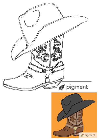 Drawing of a cowboy boot with a hat perched on top. The art features a brown boot with decorative patterns and a black hat, against an orange background.