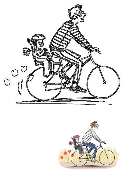A charming cartoon illustration depicts a man riding a bike with a child secured in a rear seat. Enjoy a family bike ride. 