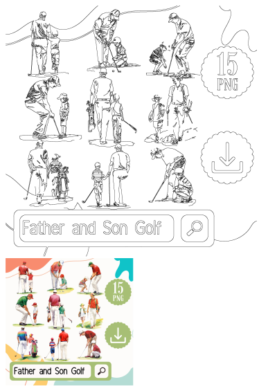 Fifteen PNG illustrations of a father and son golfing together. The images show fathers teaching their sons how to golf.