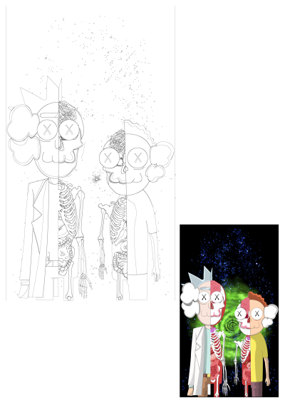 Two cartoon characters standing next to each other in front of a green and black background, showing the inside of them, Rick and Morty.