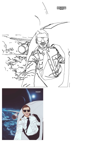 Illustration of a man wearing sunglasses and a tie. He is sitting in front of an airplane, with the moon visible in the background. 