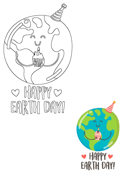 Happy Earth Day! Image shows a smiling Earth wearing a party hat and holding a cupcake. Celebrate our planet's birthday!
