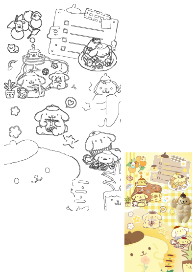 Aesthetic yellow background featuring cute Pompompurin character illustrations eating, sleeping, drinking boba tea and being bodybuilder.