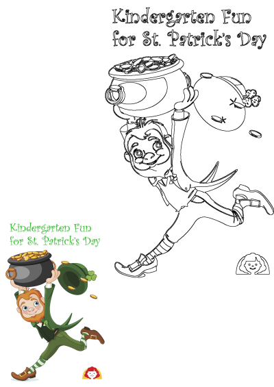 St. Patrick's Day card featuring a joyful leprechaun holding a pot of gold coins and a hat, perfect for Kindergarten fun.