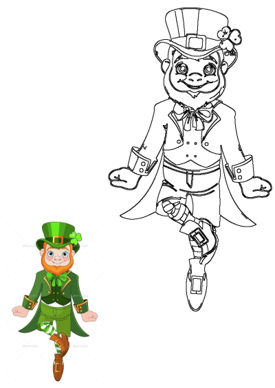 Cartoon leprechaun wearing green clothes and a hat with a clover. Lucky character for St. Patrick's Day celebrations.