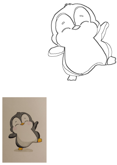 A hand-drawn image of a cheerful cartoon penguin, rosy cheeks, eyes closed with delight, striking a cute, joyful pose.