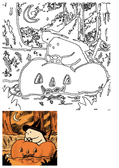 A cute illustration of a character wearing a witch hat and riding in a carved pumpkin in a Halloween theme.