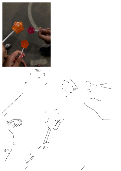 Three people holding star-shaped candy lollipops in their hands. Ground view with other people standing around, enjoying colorful treats.