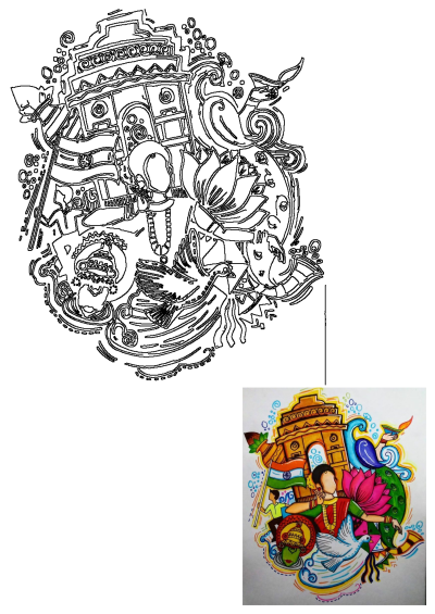 A vibrant collage celebrating Indian culture featuring India Gate, a peacock, lotus, woman in traditional attire, and the Indian flag.