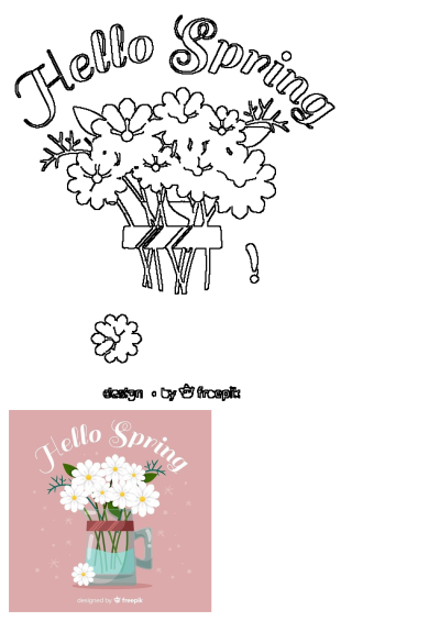 A vase filled with white daisies on a pink background with the words 'Hello Spring'. Cheerful spring floral arrangement.
