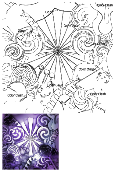 An abstract painting with purple and white candy swirls filling the frame. A whimsical and colorful design.