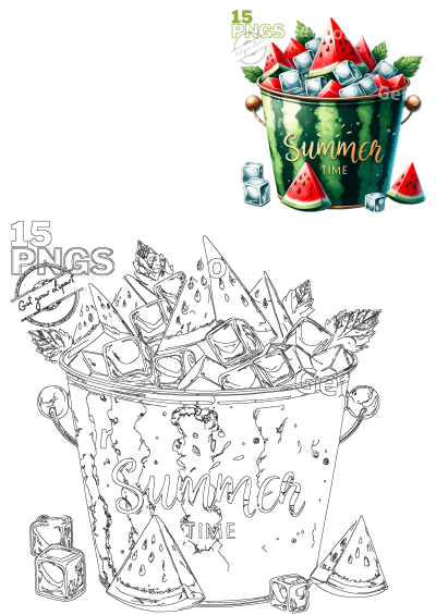 Summer time! Watermelon slices and ice cubes are piled high in a bucket, illustrated with a fun, summer vibe. Perfect for seasonal content.