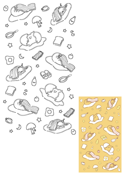 A fun pattern featuring Gudetama, the lazy egg, with bacon, stars, and other breakfast elements on a yellow background. A cute and kawaii Sanrio wallpaper.
