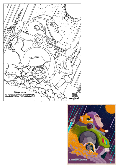 Poster of Lightyear film features Buzz Lightyear and orange Sox cat riding spaceship. Cartoon illustration of cat riding a space ship in the sky.