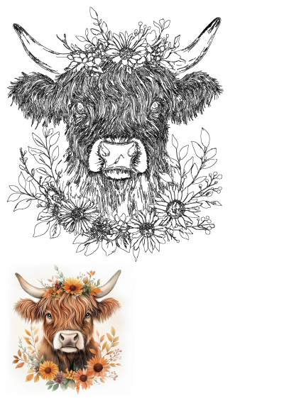 Watercolor Highland cow clipart with fall floral crown and autumn flowers. Rustic, printable art for scrapbooking, junk journals, or wall art.