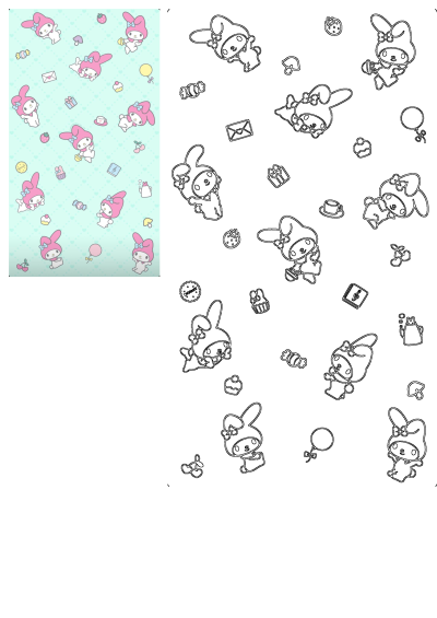 An image of some cartoon characters, featuring My Melody in a pattern with sweets and hearts on a blue background. For fans of kawaii designs.