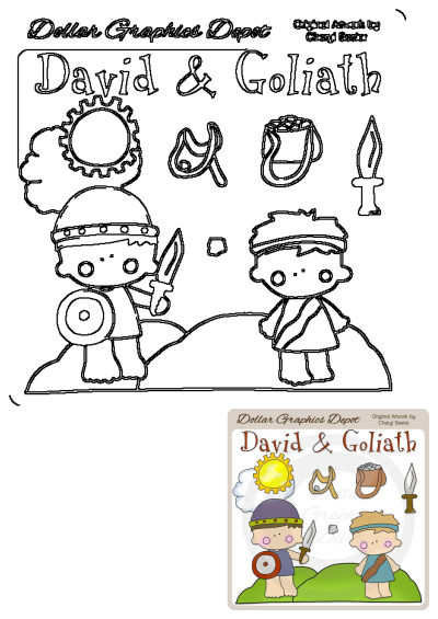 Two children stand before a poster labeled 'David and Goliath'. Cartoon image features bible story elements. Perfect for religious education.