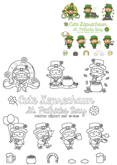 Cute leprechaun St Patrick's Day clipart set for commercial use featuring lucky charms, rainbows, beer and gold pots. Vector.