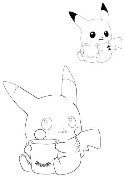 Pikachu is holding a cup with 'KOFFEE' written on it, in a black and white line art style. A cute image for Pikachu fans.