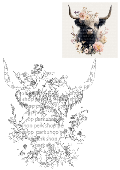 Pin on Products: Watercolor art featuring a highland cow with floral wreath. Perfect for print on demand products.