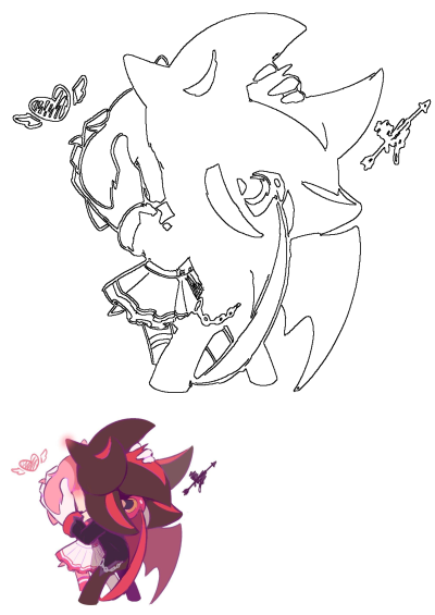 Charming drawing of a girl with horns and a hat, embracing another character. Cute, whimsical fan art with hearts and arrows, drawn in pink and brown shades.