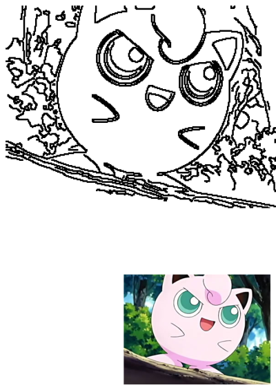 Pink Jigglypuff Pokemon with piercing green eyes, standing in front of a natural backdrop of lush green trees.