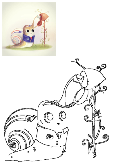 A charming illustration of a snail postman in a suit, delivering a love letter to a whimsical mailbox on a plant. A snail with a hat.