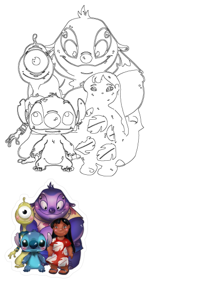 Three cartoon characters are standing next to each other: Lilo, Stitch, Jumba, and Pleakley from Disney's Lilo & Stitch franchise.