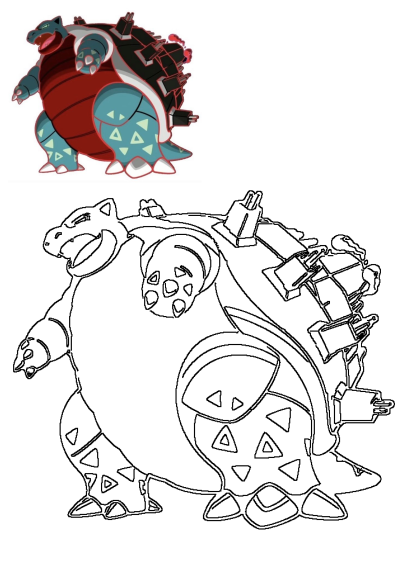 Artwork of Gigantamax Blastoise, the powerful Water-type Pokémon, featuring its cannon-covered shell and red highlights.