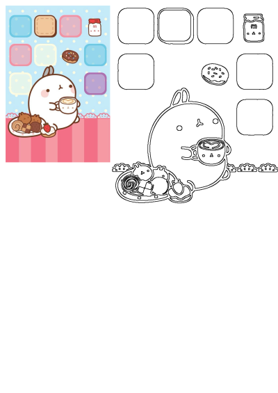 Cute cartoon character enjoying coffee & food with donuts. Ideal for wallpapers, design projects, or cute visuals, as a cartoon image.