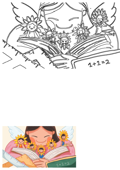 A delightful illustration of a girl reading a book, adorned with sunflowers, surrounded by other children, creating a cheerful and educational scene.