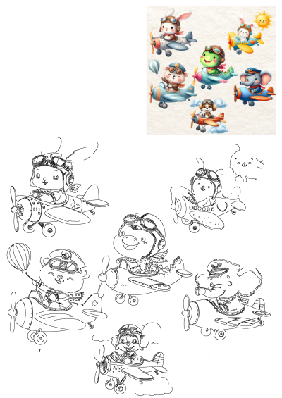 Cartoon animals like a bunny, bear, turtle, dog, and elephant piloting colorful airplanes of different sizes. Whimsical children's illustration.